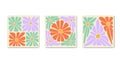 1970 Daisy Flowers Retro Square Covers Set. Abstract Groovy Trippy Floral Pattern. Minimalistic Vintage Poster Card, Wall Art,