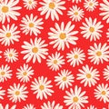 Daisy flowers seamless vector background. Distressed white vintage Chamomile flowers on red pattern. Contemporary