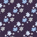 Daisy flowers silhouettes seamless pattern. Dark blue background and pastel blue tones floral ornament Royalty Free Stock Photo