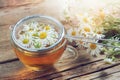 Daisy flowers in tea infuser and healthy chamomile herbal tea cup