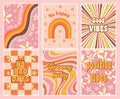 1970 Daisy Flowers, Trippy Grid, Wavy Swirl Seamless Pattern Set in Orange, Pink Colors Royalty Free Stock Photo