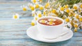 Daisy flowers in a white cup of tea, chamomile herbs on wooden background. Herbal medicine Royalty Free Stock Photo