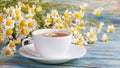 Daisy flowers in a white cup of tea, chamomile herbs on wooden background. Herbal medicine Royalty Free Stock Photo