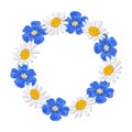 Daisy and forget-me-not, flax, wildflowers. Beautiful wreath.