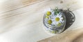 Daisy in a glass container on a wooden background.