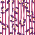 Daisy purple flowers random seamless bright floral pattern. White and pink striped background. Meadow style