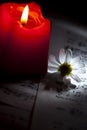 Daisy and Red Candle on Music Notes Sheet Royalty Free Stock Photo