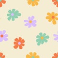 1970 daisy seamless pattern. Hand drawn abstract simple flowers background. Doodle boho hippie aesthetic design Royalty Free Stock Photo
