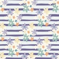 Daisy shapes seamless botanic pattern. Multicolor artwotk with purple stripped background. Simple backdrop