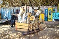 Dakar, Senegal- April 22 2019: Beautiful cups from cow& x27;s horns painted with typical Senegalese drawings. It is a local art in