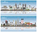 Dakar Senegal and Casablanca Morocco City Skylines with Color Buildings, Blue Sky and Reflections