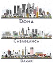 Dakar Senegal, Casablanca Morocco and Doha Qatar City Skylines with Color Buildings Isolated on White