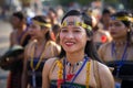 Daklak, Vietnam - Mar 9, 2017: Vietnamese ethnic minority people wears traditional costumes performing a traditional dance at an e Royalty Free Stock Photo