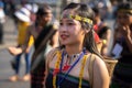 Daklak, Vietnam - Mar 9, 2017: Vietnamese ethnic minority people wears traditional costumes performing a traditional dance at an e Royalty Free Stock Photo