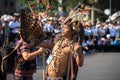 Daklak, Vietnam - Mar 9, 2017: Vietnamese ethnic minority people wears traditional costumes performing a traditional dance at an e Royalty Free Stock Photo