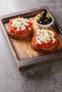 Dakos Cretan Meze appetizer with barley rusk, tomatoes, feta cheese, oregano and olive oil closeup on the wooden board. Vertical