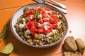 Dakos greece salad. Rusks with tomatoes and feta cheese
