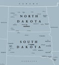 The Dakotas, US states North Dakota and South Dakota, gray political map