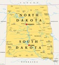 The Dakotas, the US states North Dakota and South Dakota, political map