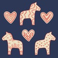 Dala horses and hearts set. Hand drawn sketch traditional Swedish Dalarna horse scandinavian pattern for cards, tourism related