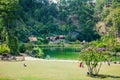 DALAT, VIETNAM - February 17, 2017: Cu Lan village at Dalat countryside, hotel and holiday resort among pine jungle, camp on grass Royalty Free Stock Photo