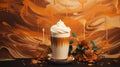 Dalgona Coffee banner on creamy coffee background, copy space. Korean coffee drink made of instant coffee or espresso powder
