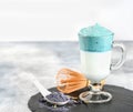 Dalgona Matcha Blue Latte, a creamy whipped matcha