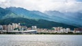 Erhai lake view with Dali modern city and Cangshan mountain view in the distance in Yunnan China