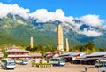 Dali three white pagodas and Cangshan Mountain.