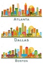 Dallas Texas, Boston Massachusetts and Atlanta Georgia USA City Skyline Set Royalty Free Stock Photo