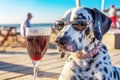 Dalmatian breed dog is relaxing on the beach with a cocktail. Resort holiday concept with pets. Generative AI