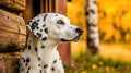 Dalmatian dog autumn cabin portrait outdoors fall Royalty Free Stock Photo