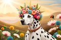 Dalmatian dog with a crown of colorful flowers