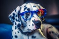 Dalmatian dog in neon glasses.