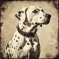 Dalmatian dog, old vintage retro postcard style, close-up portrait, cute pet,