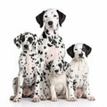 Dalmatian dog with puppies close-up portrait isolated on white. Lovely pet, loyal friend,