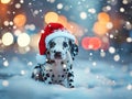 Dalmatian Dog in a Santa Claus hat in the forest. Royalty Free Stock Photo