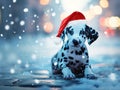 Dalmatian Dog in a Santa Claus hat in the forest. Royalty Free Stock Photo