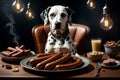 Dalmatian dog sits on a chair at the table in front of sausages on a plate