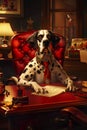 Dalmatian dog sitting at desk in a fire station