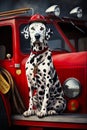 Dalmatian dog sitting in front of red fire truck with fireman's hat on. Generative AI