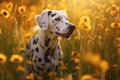 Dalmatian dog sitting in meadow field surrounded by vibrant wildflowers and grass on sunny day ai generated Royalty Free Stock Photo