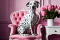 Dalmatian dog sitting on pink chair in pink room ,creative art. Generative AI