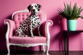 Dalmatian dog sitting on pink chair in pink room ,creative art. Generative AI