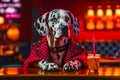 Dalmatian dog sitting at table with drink in front of him. Generative AI