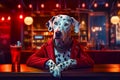Dalmatian dog sitting at table with drink in front of him. Generative AI