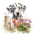 A dalmatian dog standing behind a fence surrounded with flowers