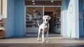 A Dalmatian dog stands in front of a veterinary clinic or pharmacy for animals. Treatment and care of animals