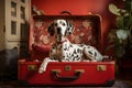 Dalmatian dog in suitcase, travel with pet, pet friendly places, accommodation with dog in hotel