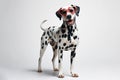 dalmatian dog with surprised face wear heart glasses isolated on solid white background. ai generative